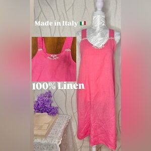 🌷 Rosemarine 🌷 100% Italian Linen Dress Upcycled Pink w/ Floral Embroidery